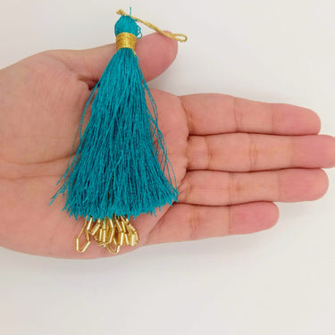 Cyan Blue Tassels With Gold Beads, Beaded Thread Tassel Charms, Silky Tassels
